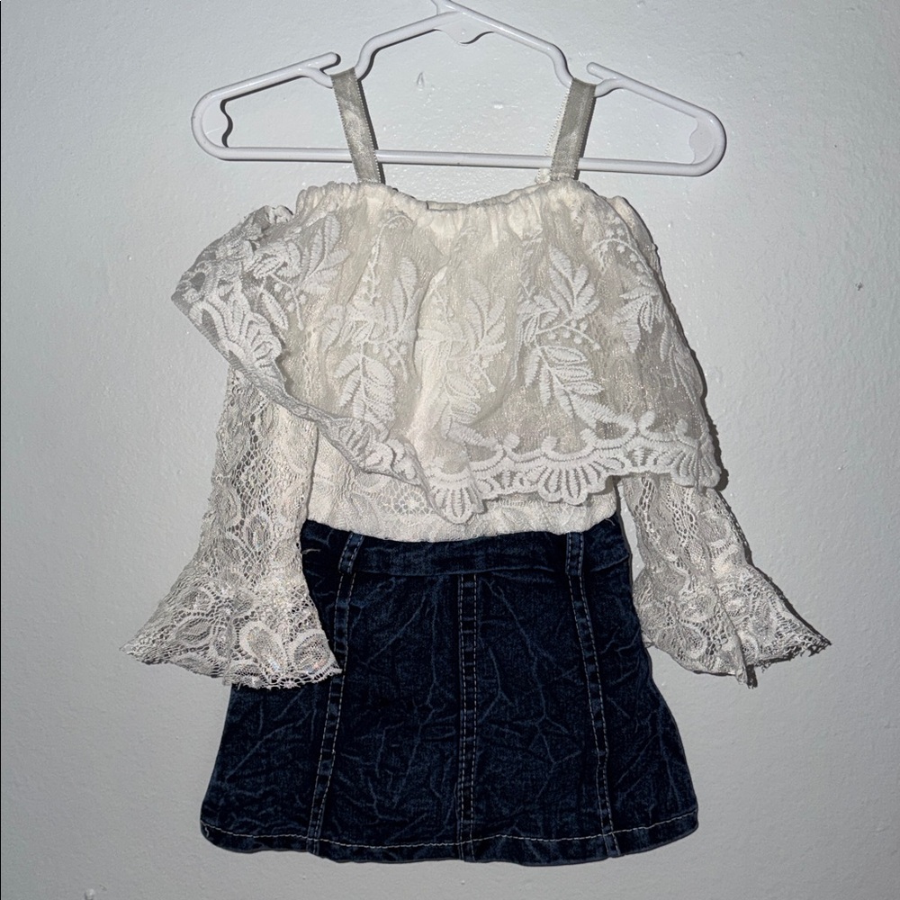 White Lace Off-Shoulder Top with Dark Denim Skirt